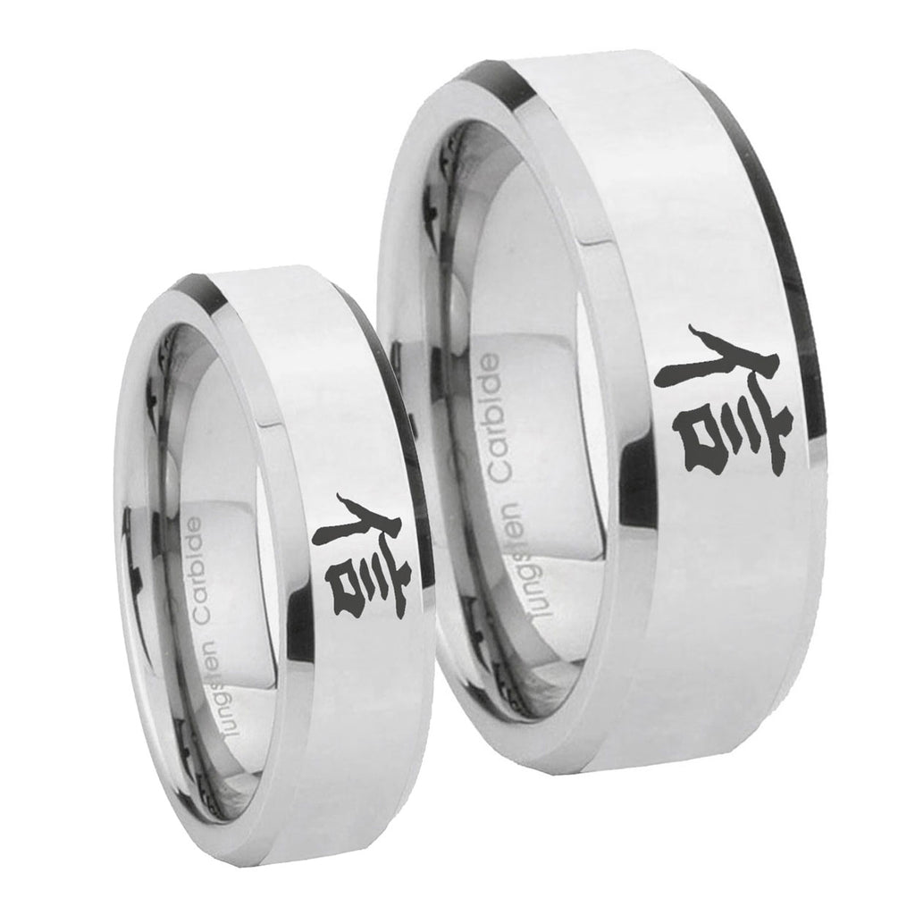 Kanji Faith Beveled Edges Silver Tungsten Couple Rings
