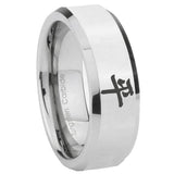 8mm Kanji Peace Beveled Edges Silver Tungsten Carbide Mens Promise Ring