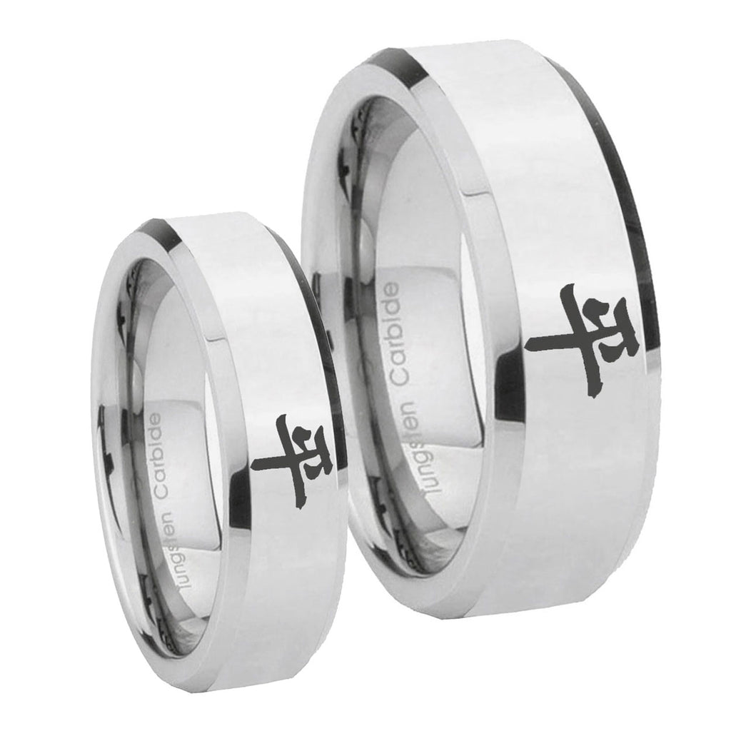 Kanji Peace Beveled Edges Silver Tungsten Couple Wedding Rings