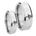 Kanji Peace Beveled Edges Silver Tungsten Couple Wedding Rings