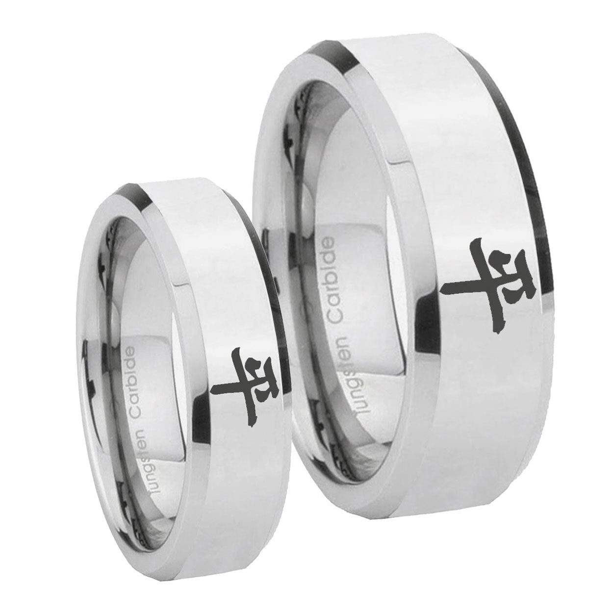 Kanji Peace Beveled Edges Silver Tungsten Couple Wedding Rings