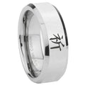 8MM Kanji Prayer Bevel Polish Silver Tungsten Engrave Man Ring