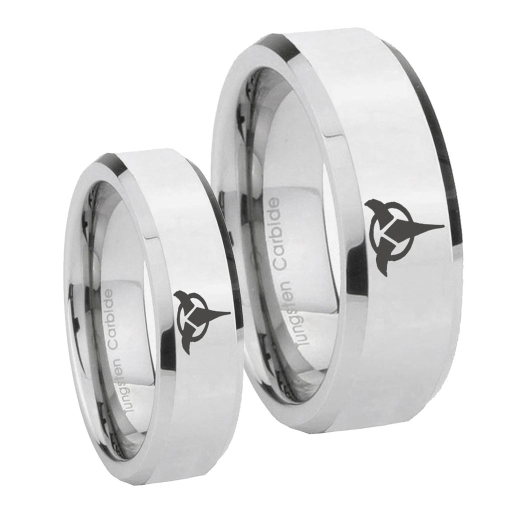 Klingon Beveled Edges Silver Tungsten Mens Set Ring