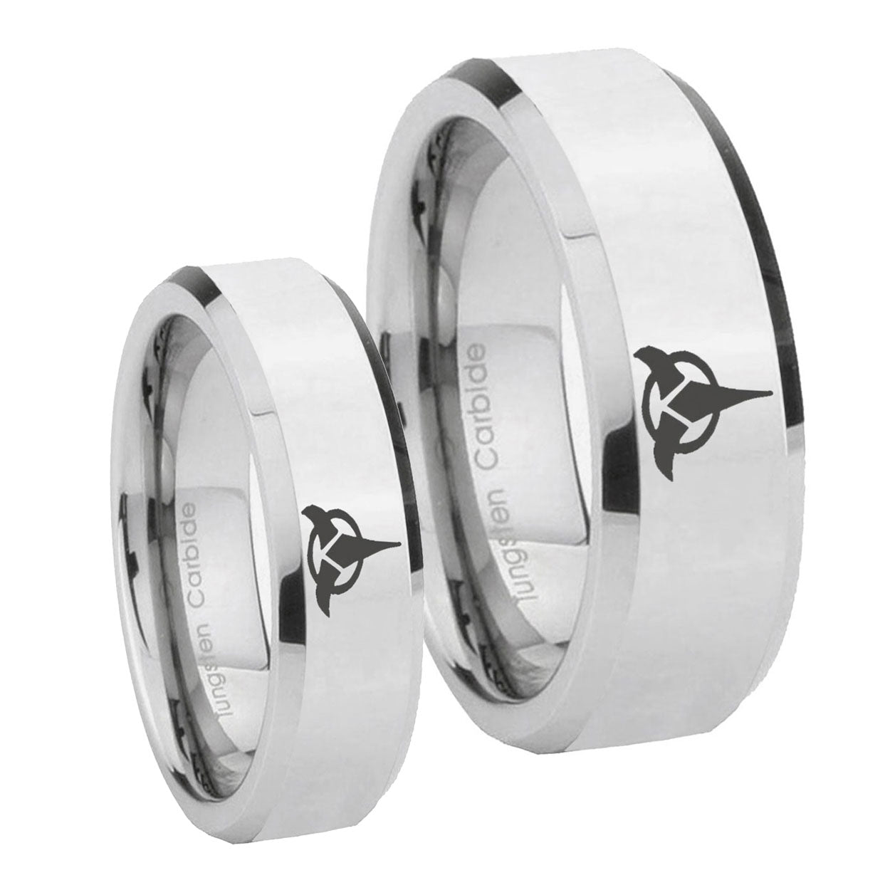 Klingon Beveled Edges Silver Tungsten Mens Set Ring