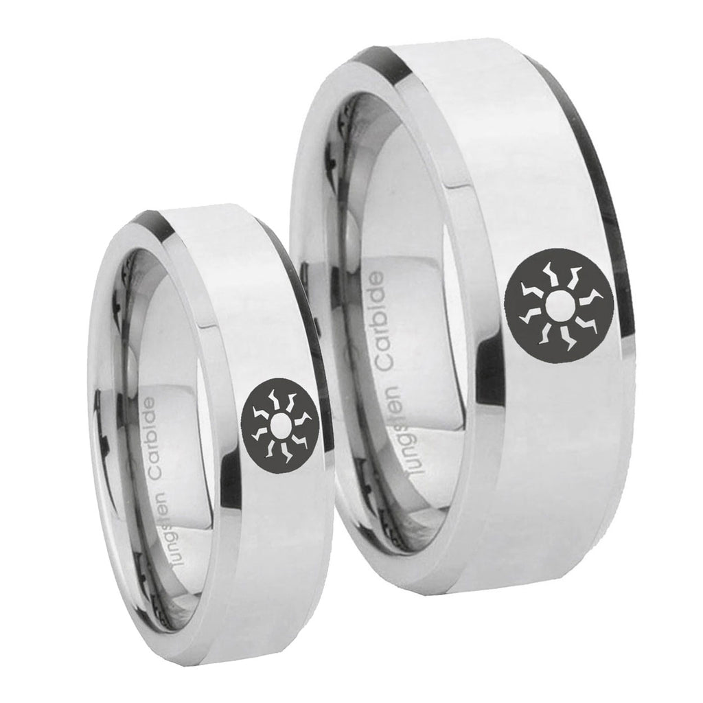 Magic The GatheRing Beveled Silver Tungsten Wedding Band Set