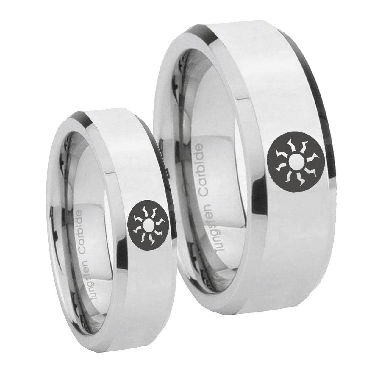 Magic The GatheRing Beveled Silver Tungsten Wedding Band Set