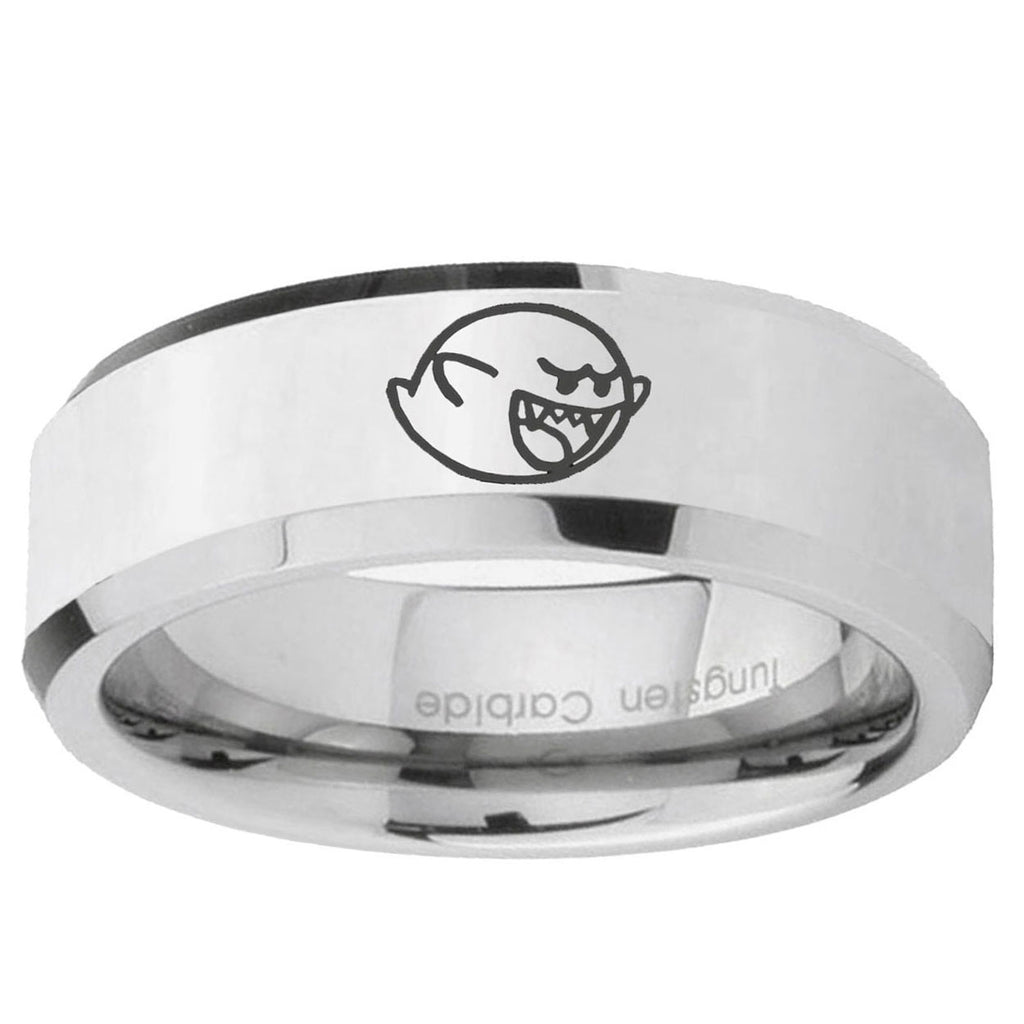10mm Mario Boo Ghost Beveled Edge Silver Tungsten Ring