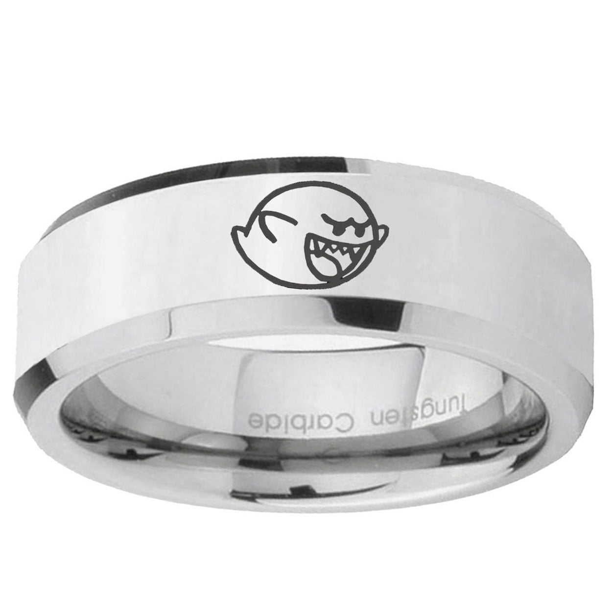 10mm Mario Boo Ghost Beveled Edge Silver Tungsten Ring