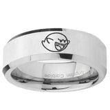 5, 8mm Mario Boo Ghost Beveled Edge Silver Tungsten Ring