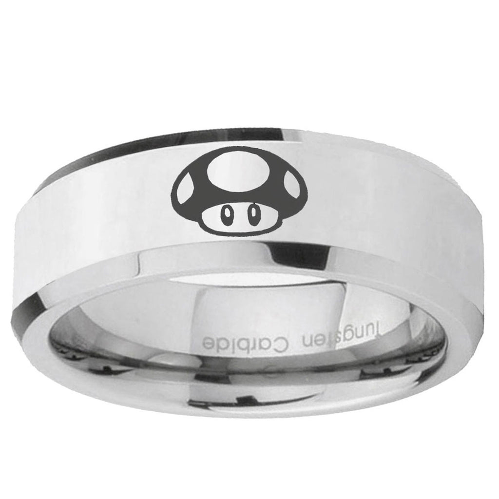 10mm Mario Mushroom Beveled Edge Silver Tungsten Wedding Engraving Ring