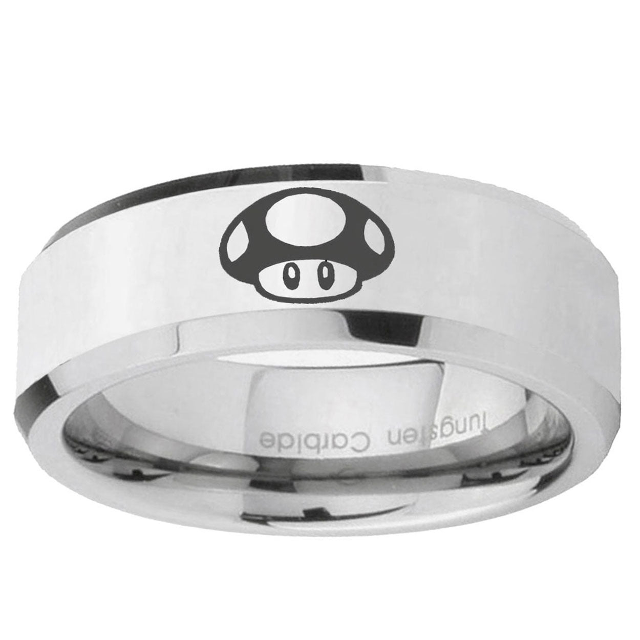 10mm Mario Mushroom Beveled Edge Silver Tungsten Wedding Engraving Ring