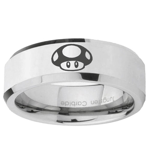 10mm Mario Mushroom Beveled Edge Silver Tungsten Wedding Engraving Ring