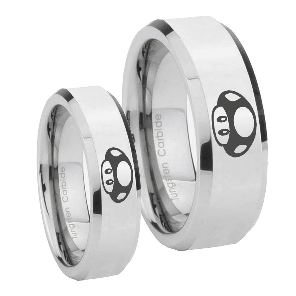 Mario Mushroom Beveled Edges Silver Tungsten Wedding Set Rings