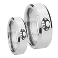 Mario Mushroom Beveled Edges Silver Tungsten Wedding Set Rings