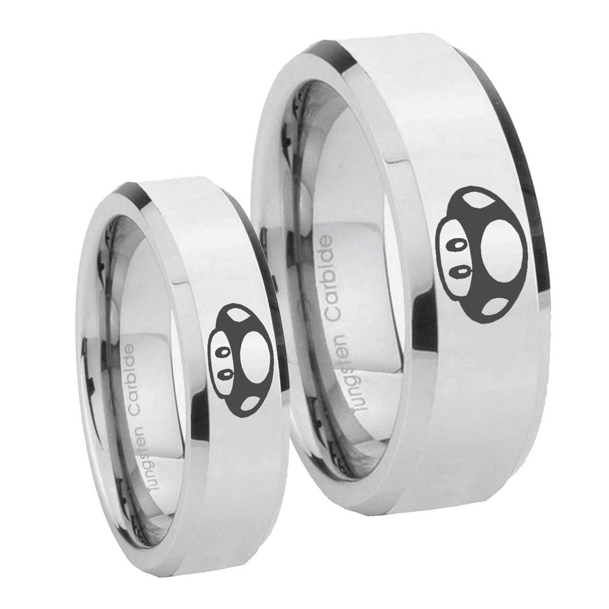 Mario Mushroom Beveled Edges Silver Tungsten Wedding Set Rings