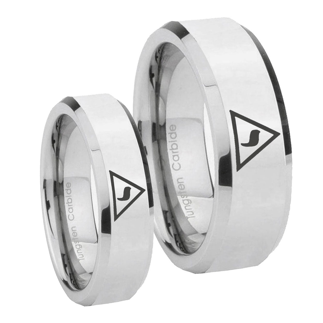 Masonic Yod Beveled Edges Silver Tungsten Bridal Ring Set