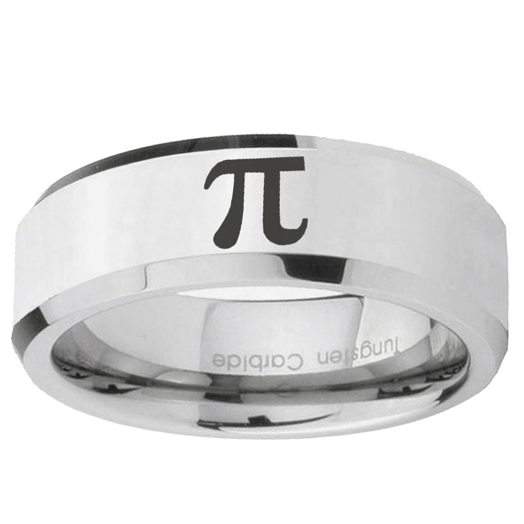 10mm Math Pi Beveled Edge Silver Tungsten Ring