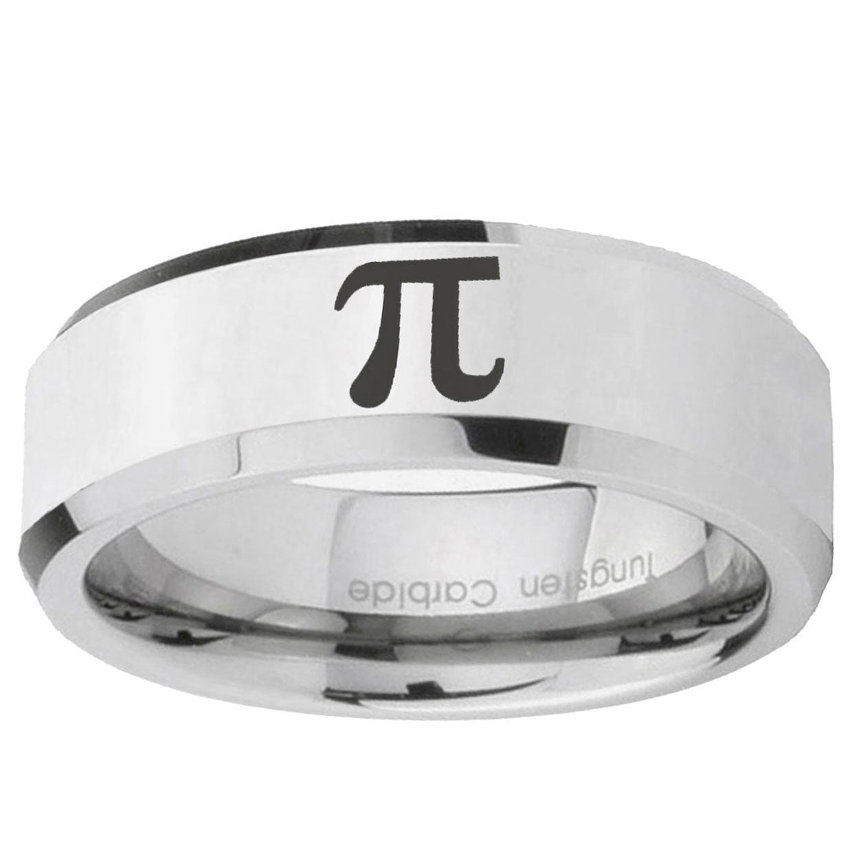 10mm Math Pi Beveled Edge Silver Tungsten Ring