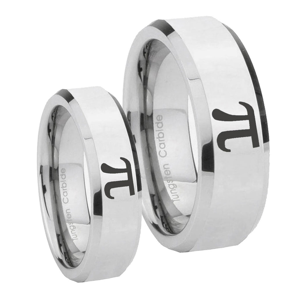 Math Pi Beveled Edges Silver Tungsten Wedding Set Ring