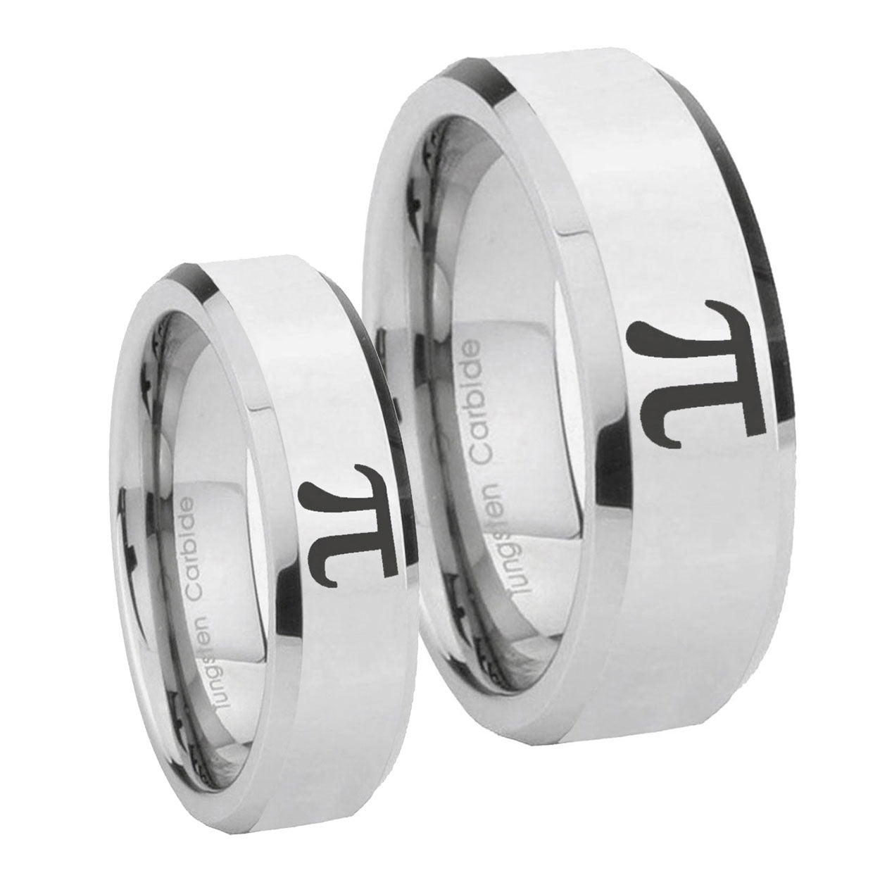 Math Pi Beveled Edges Silver Tungsten Wedding Set Ring