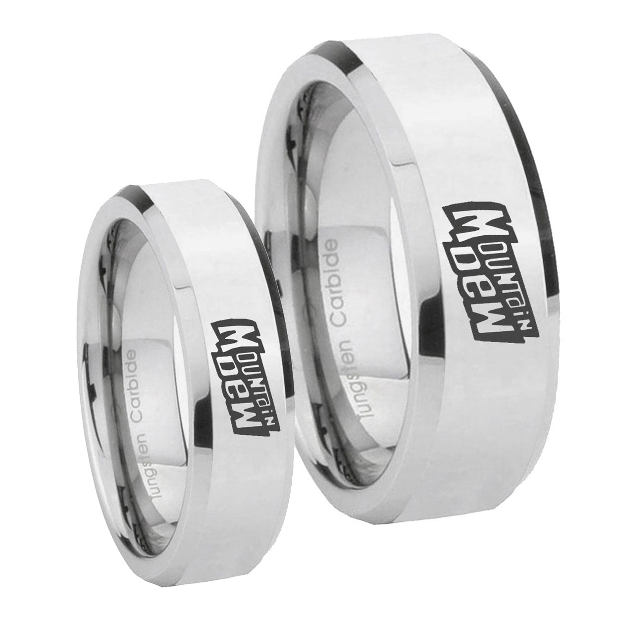 Mountain Dew Beveled Edges Silver Tungsten Promise Ring Set