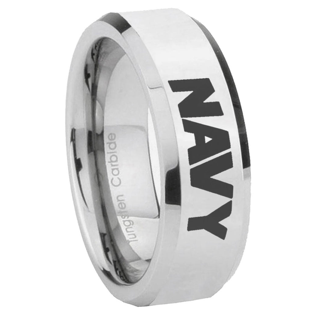 10mm Navy Beveled Edges Silver Tungsten Carbide Wedding Engagement Ring