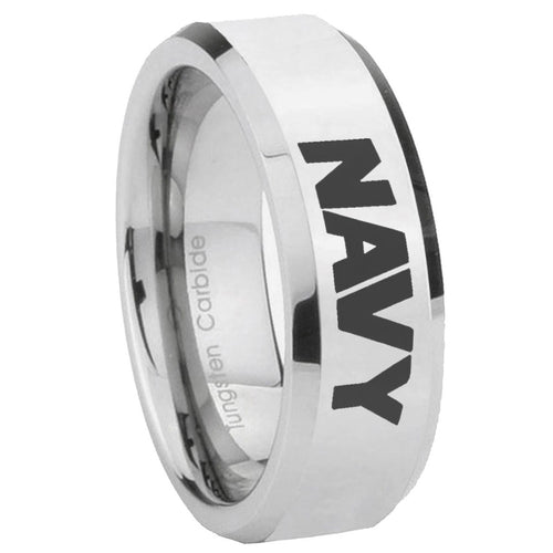 10mm Navy Beveled Edges Silver Tungsten Carbide Wedding Engagement Ring