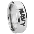 8MM Navy Bevel Polish Silver Tungsten Wedding Band