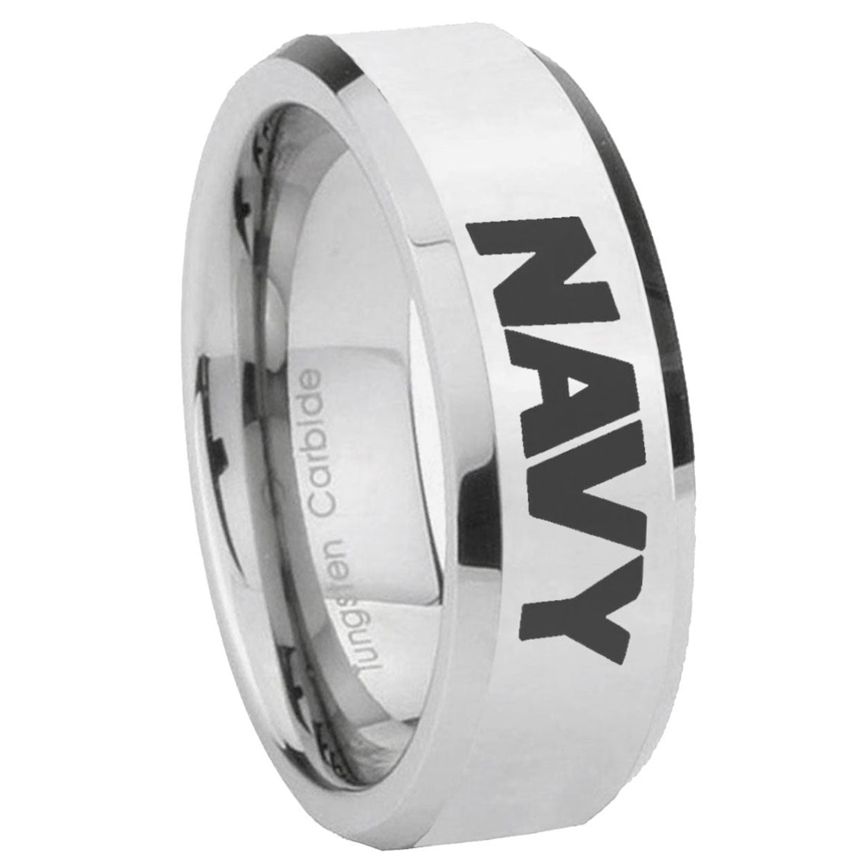 8MM Navy Bevel Polish Silver Tungsten Wedding Band