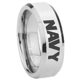 8mm Navy Beveled Edges Silver Tungsten Carbide Wedding Band Ring