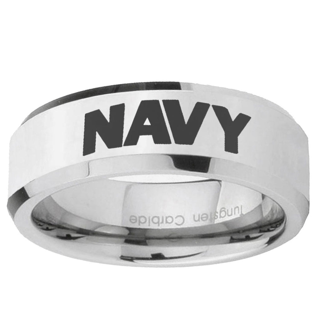 10mm Navy Beveled Edge Silver Tungsten Ring