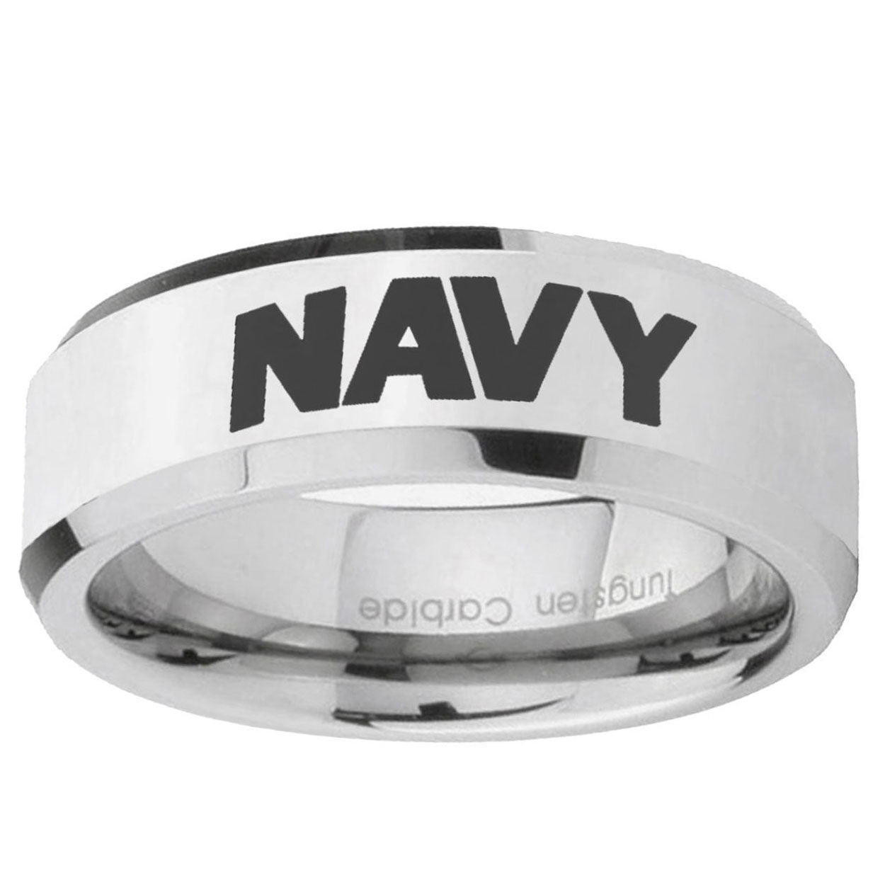 10mm Navy Beveled Edge Silver Tungsten Ring