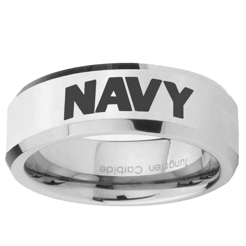 10mm Navy Beveled Edge Silver Tungsten Ring