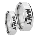 Navy Beveled Edges Silver Tungsten Couple Wedding Rings