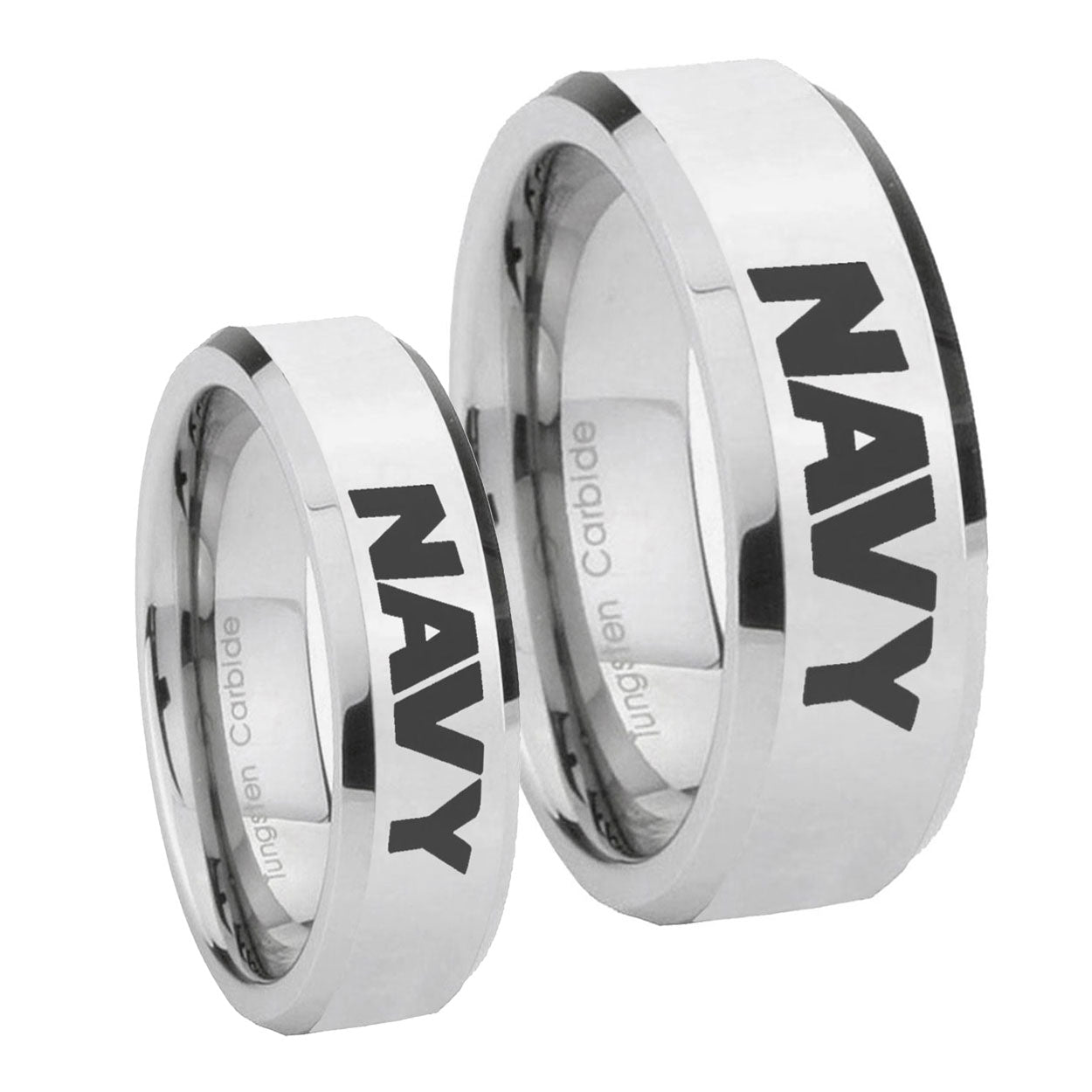 Navy Beveled Edges Silver Tungsten Couple Wedding Rings