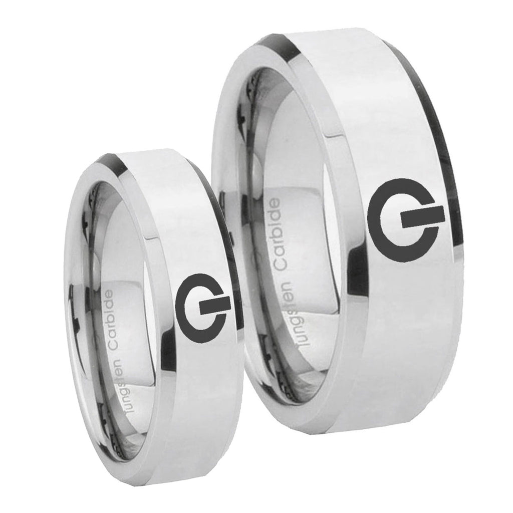 Power Beveled Edges Silver Tungsten Wedding Set Rings