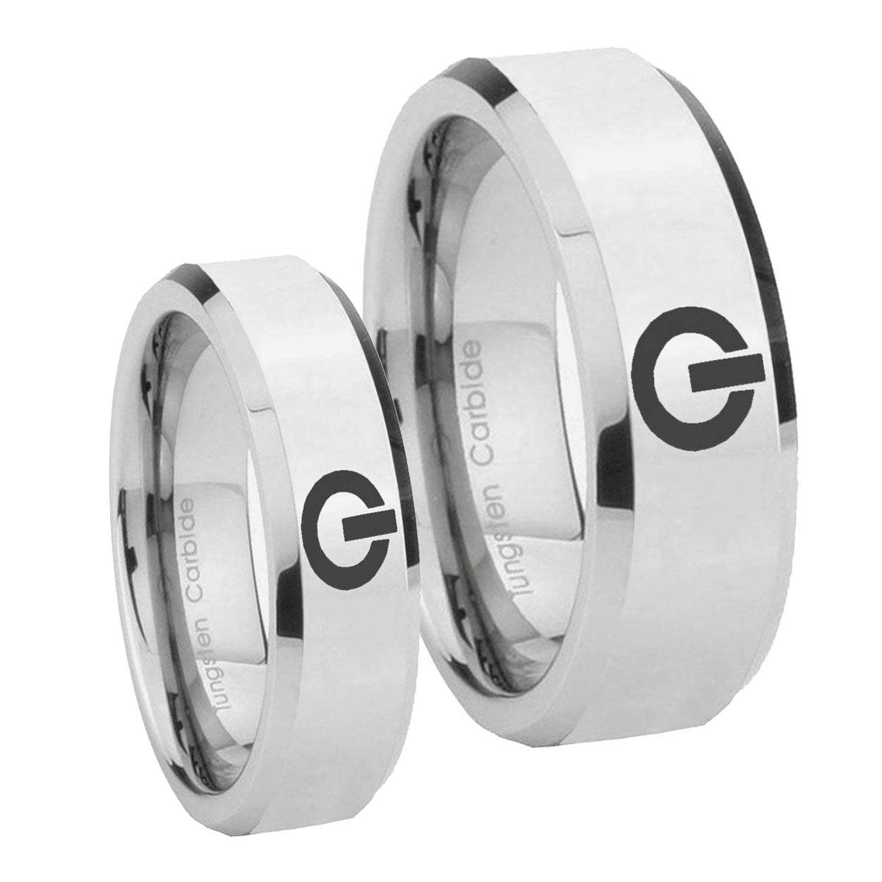 Power Beveled Edges Silver Tungsten Wedding Set Rings