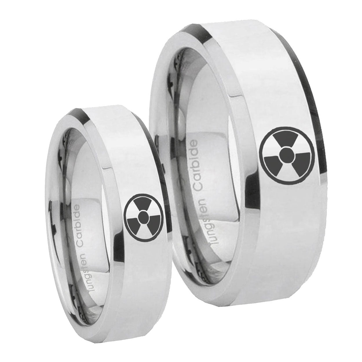 Radiation Beveled Edges Silver Tungsten Wedding Set Rings