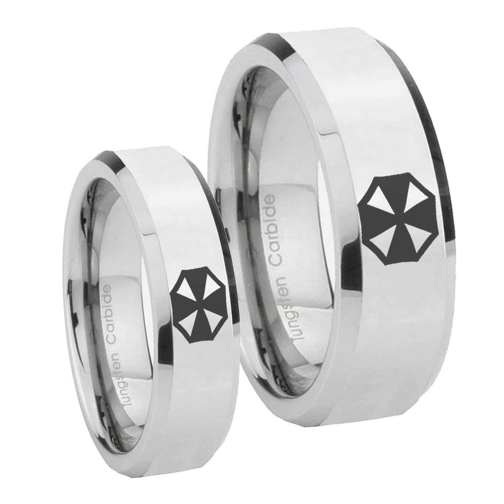 Resident Evil Beveled Edges Silver Tungsten Couple Wedding Bands