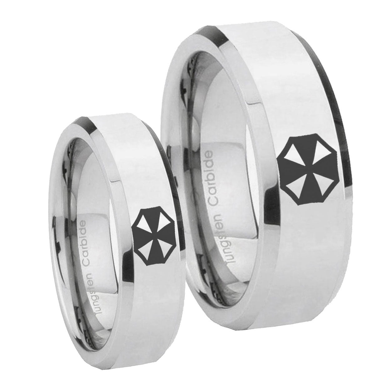 Resident Evil Beveled Edges Silver Tungsten Couple Wedding Bands