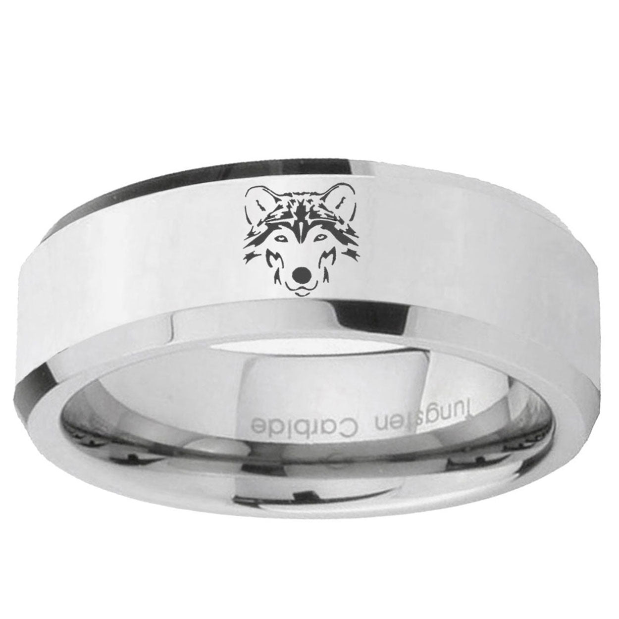 10mm Wolf Beveled Edge Silver Tungsten Ring