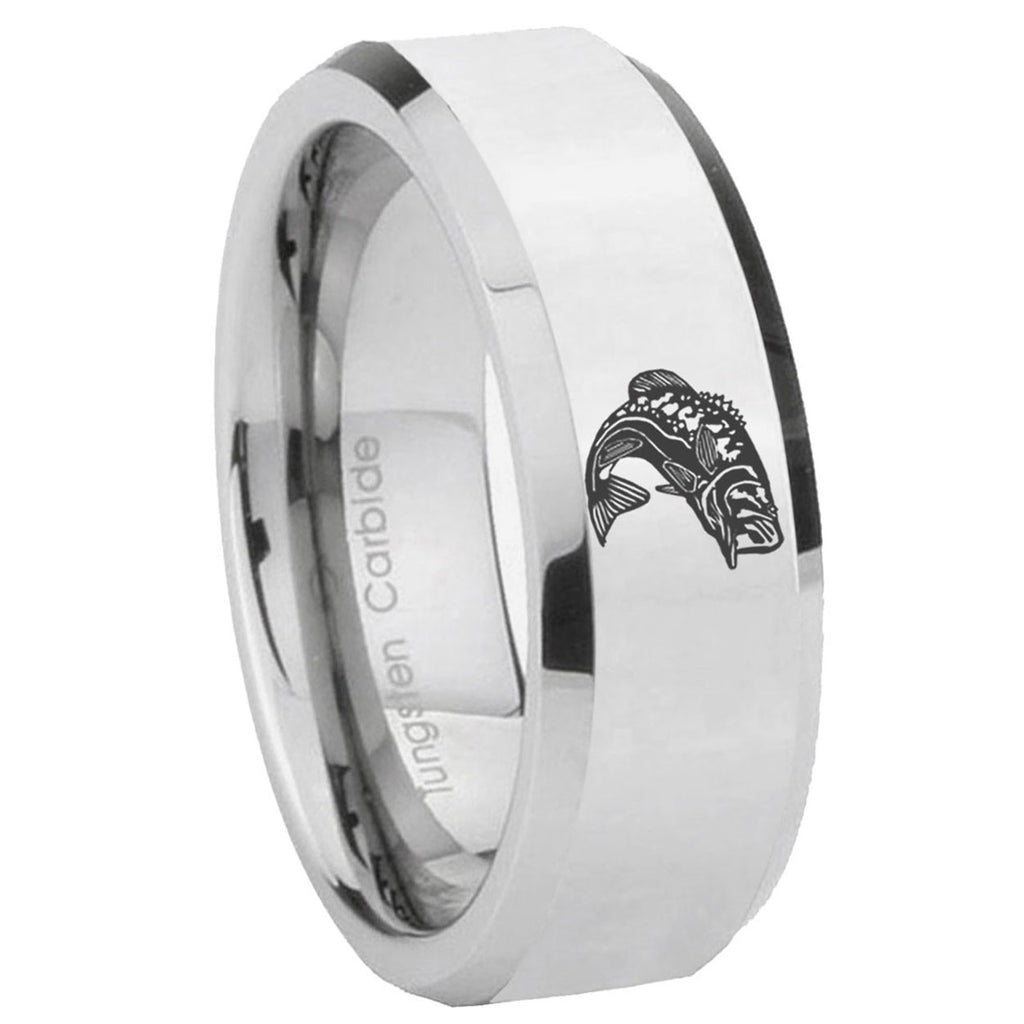 10mm Fishing Beveled Edges Silver Tungsten Carbide Mens Ring Engraved