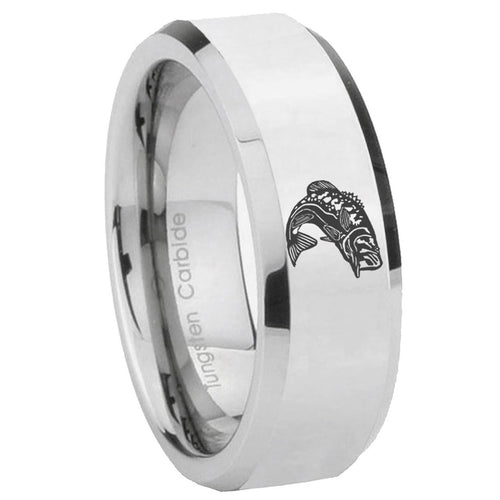 10mm Fishing Beveled Edges Silver Tungsten Carbide Mens Ring Engraved