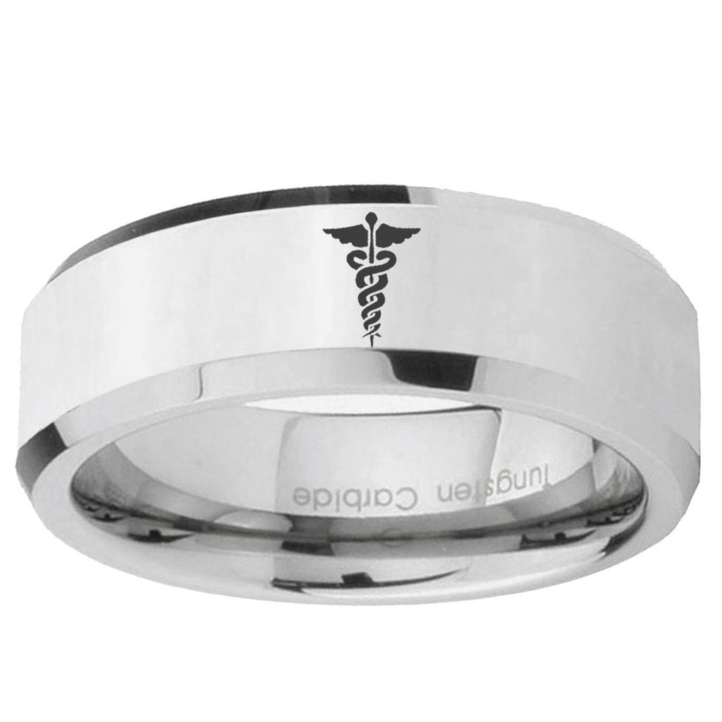 10mm Medical Symbol Beveled Edge Silver Tungsten Ring