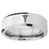 5, 8mm Medical Symbol Beveled Edge Silver Tungsten Ring