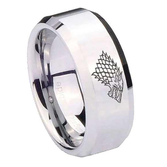 10mm-Game-Of-Thrones-House-Stark-Direwolf-Beveled-Edges-Silver-Tungsten-Carbide-Mens-Ring-Engraved