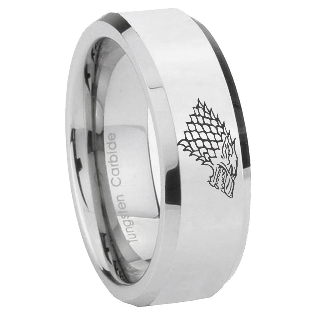 10mm Game Of Thrones House Stark Direwolf Beveled Edges Silver Tungsten Carbide Mens Ring Engraved