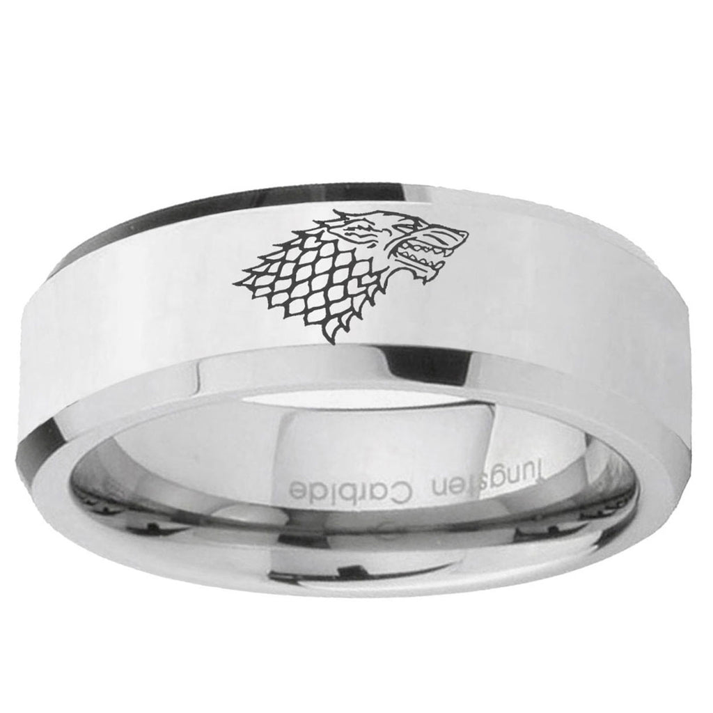 10mm Game Of Thrones House Stark Direwolf Beveled Edge Silver Tungsten Ring