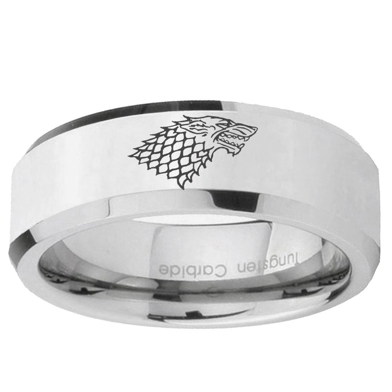 10mm Game Of Thrones House Stark Direwolf Beveled Edge Silver Tungsten Ring