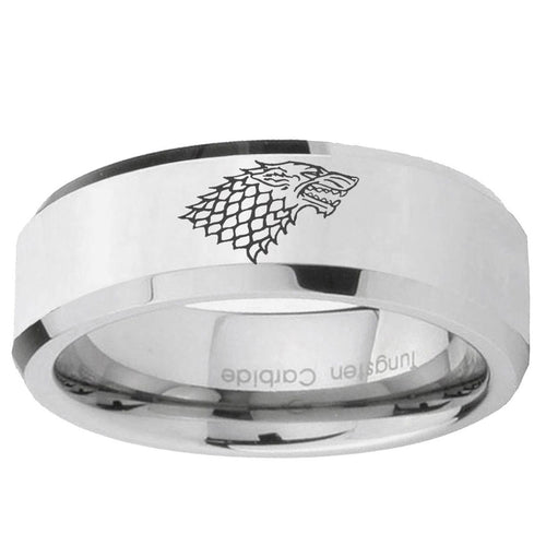 10mm Game Of Thrones House Stark Direwolf Beveled Edge Silver Tungsten Ring